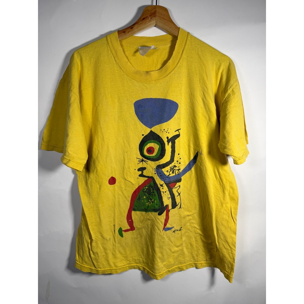 Vintage Joan Miro Art T-Shirt Yellow 2001 Surrealist Graphic Tee Mens Large FLAW